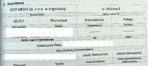 Jakub Meresiński był upoważniony do odbioru poczty w firmie siostry (?). Ale spółka już się stamtąd wyniosła. 